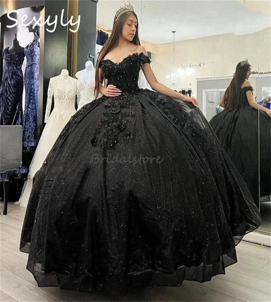 Mexican Black Quinceanera Dresses Charro Elegant 3D Flowers Vestidos De Xv 15 Anos Halloween Costume Photoshoot Horse Customized