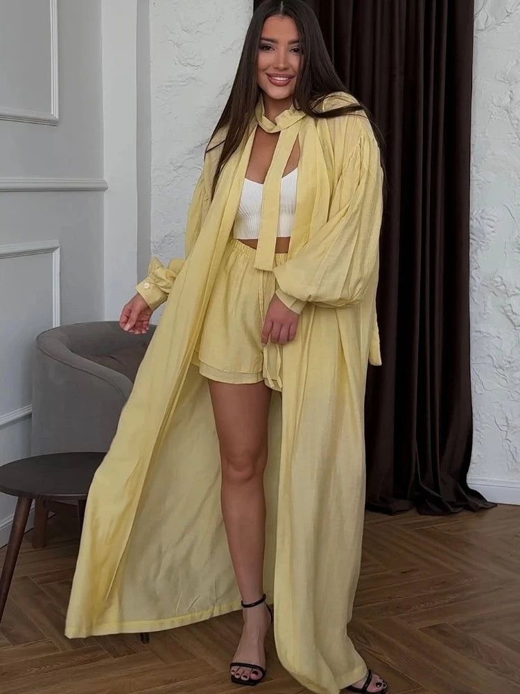 Lantern Full Sleeve Cardigan Coat Shorts Suits Women Sexy Loose Dragging Coats With Elastic Shorts New Chic Ladies Streetwear