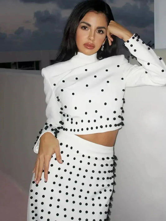 Women'S Black And White Beaded Short Top+Long Skirt Bandage Two-Piece Set Elegant Evening Party Female Outfit New