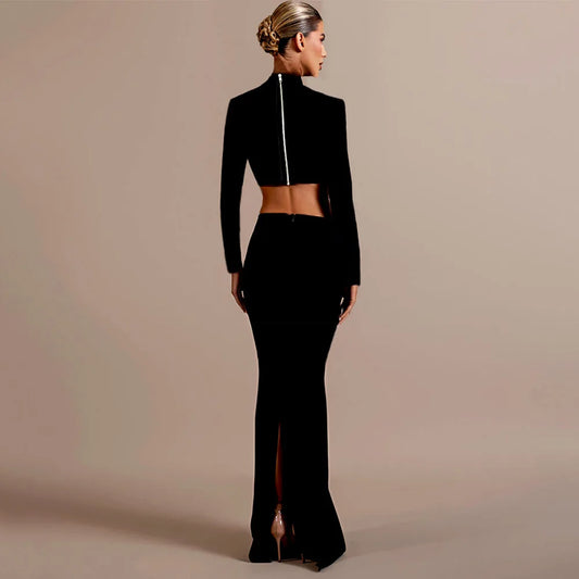 New Black Red Women Long Sleeve Shinning Diamond 2 Pieces Bodycon Bandage Long Dress Elegant Normal Evening Party Outfit
