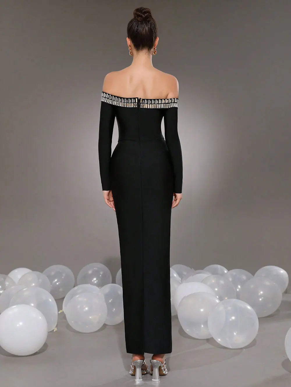 2025 Elegant Women's Light Luxury Nail Bead Bandage Dress with One Piece Collar Shoulder Long Sleeve Bodycon Bareback Long Dress