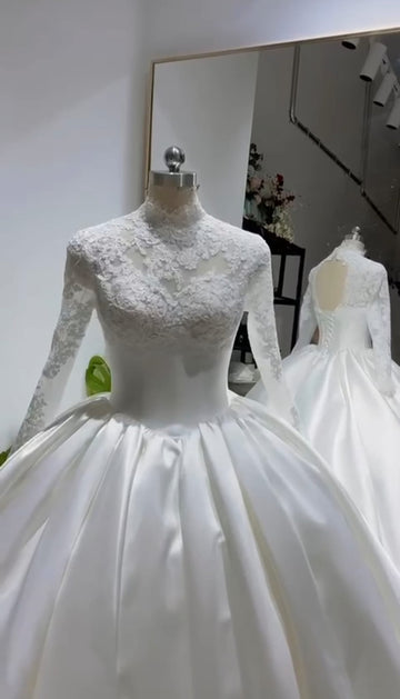 Muslim Princess Wedding Dress High Neck Long Sleeve With Lace Ball Gowns Hijab Bridal Dress Elegant Vestidos De Novia (Copy) WHITE