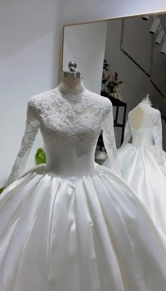 Muslim Princess Wedding Dress High Neck Long Sleeve With Lace Ball Gowns Hijab Bridal Dress Elegant Vestidos De Novia (Copy) WHITE