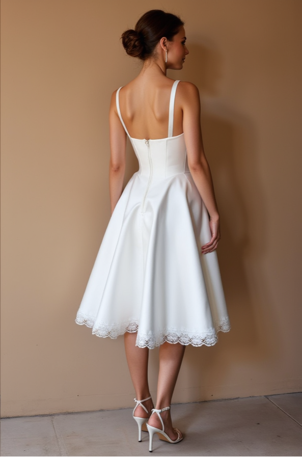 Elegant White Midi Dress with Lace Trim and Structured Bodice