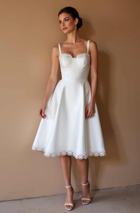 Elegant White Midi Dress with Lace Trim and Structured Bodice