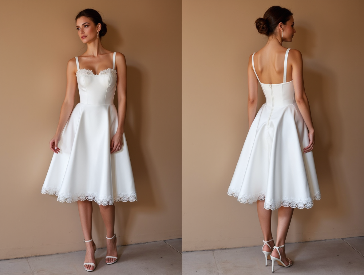 Elegant White Midi Dress with Lace Trim and Structured Bodice