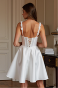 White Satin Mini Dress - Floral Lace Straps with Corset Back & Sweetheart Neckline








