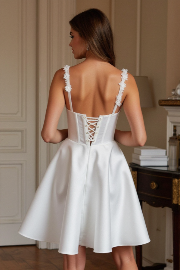 White Satin Mini Dress - Floral Lace Straps with Corset Back & Sweetheart Neckline








