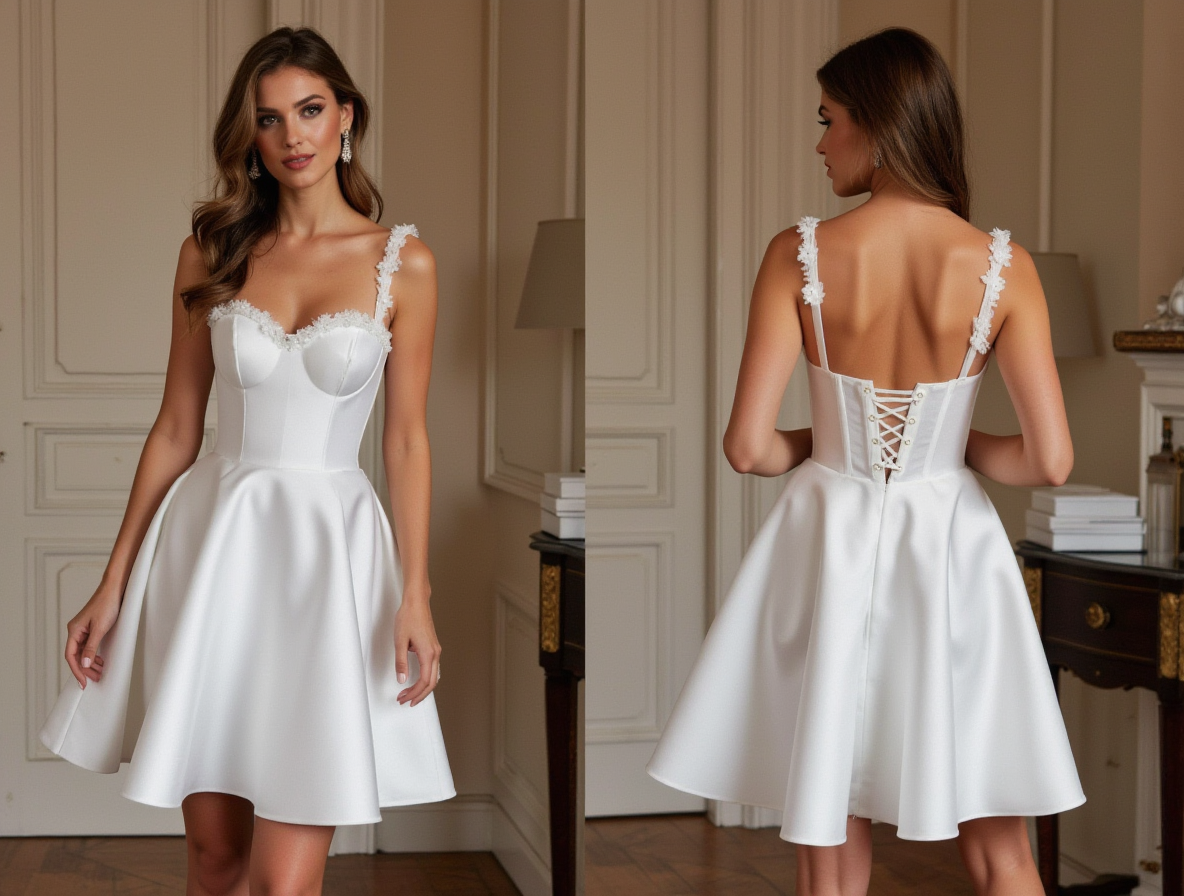 White Satin Mini Dress - Floral Lace Straps with Corset Back & Sweetheart Neckline








