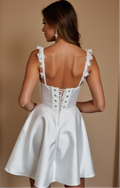 White Satin Mini Dress with 3D Floral Straps & Corset Back