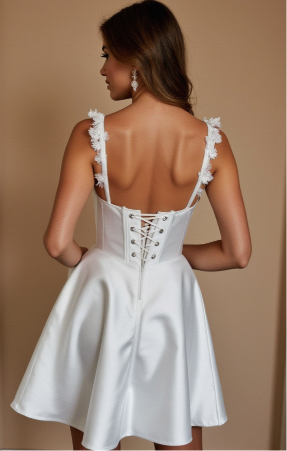 White Satin Mini Dress with 3D Floral Straps & Corset Back