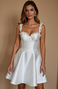 White Satin Mini Dress with 3D Floral Straps & Corset Back