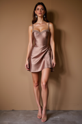 Chic Mini Brown Satin Dress with Lace-Trimmed Bodice and Subtle Wrap Skirt