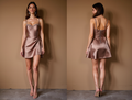 Chic Mini Brown Satin Dress with Lace-Trimmed Bodice and Subtle Wrap Skirt