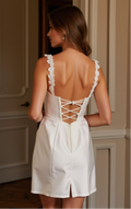 Elegant Mini White Satin Dress with Floral Lace Straps and Corset Back Detail