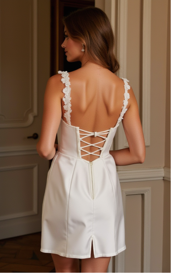Elegant Mini White Satin Dress with Floral Lace Straps and Corset Back Detail