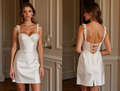 Elegant Mini White Satin Dress with Floral Lace Straps and Corset Back Detail








