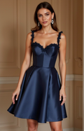 Navy Satin Mini Dress with Lace Straps & Corset Back