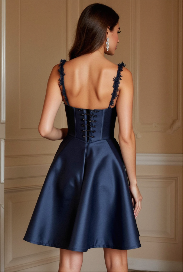 Navy Satin Mini Dress with Lace Straps & Corset Back
