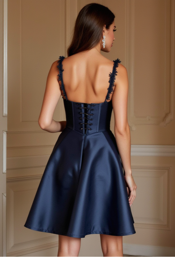 Navy Blue Satin Party Dress – Corset Top with Lace Straps