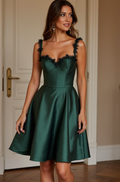 Emerald Green Satin Mini Dress with Black Lace Straps & Corset Back