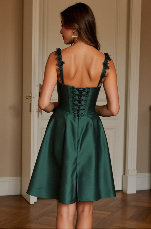Emerald Green Satin Mini Dress with Black Lace Straps & Corset Back