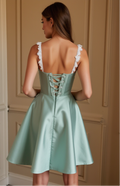 Mint Green Satin Dress – White Lace Strap Detailing