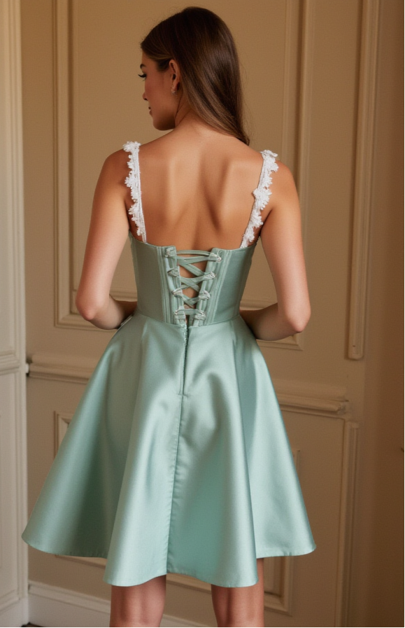 Mint Green Satin Dress – White Lace Strap Detailing