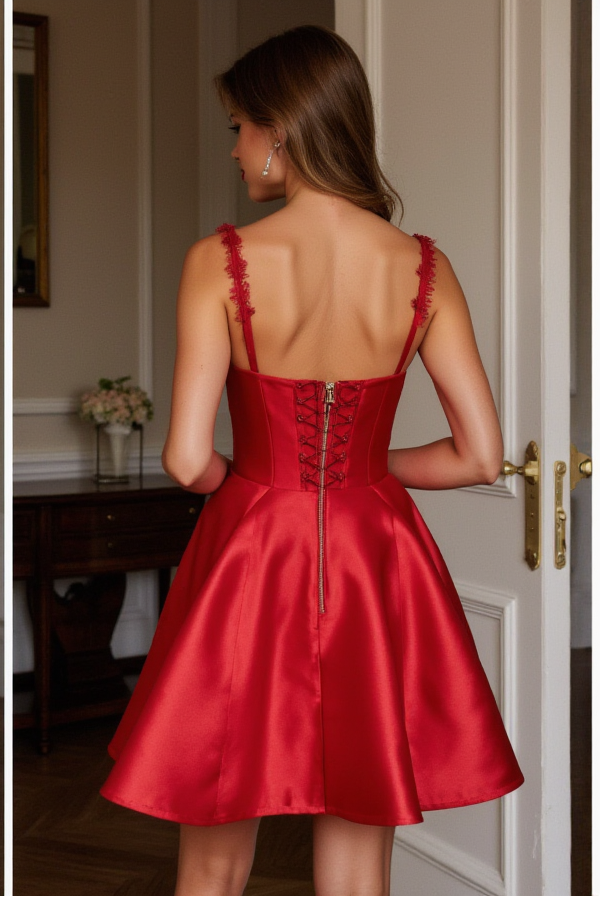 Red Satin Fit-and-Flare Mini Dress with Lace Trim & Corset Back