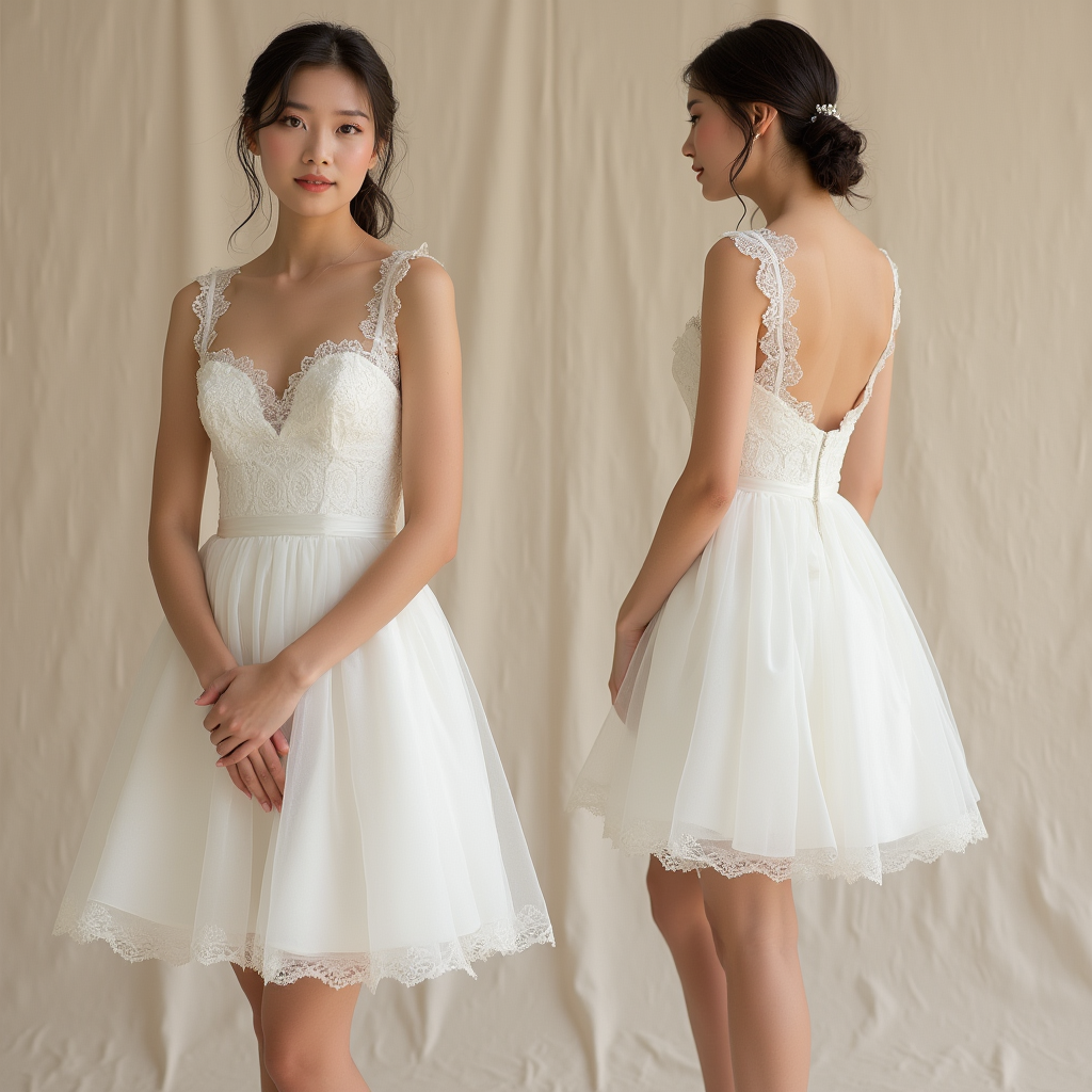 Romantic Lace and Tulle Mini Wedding Dress with Open Back and Scalloped Straps