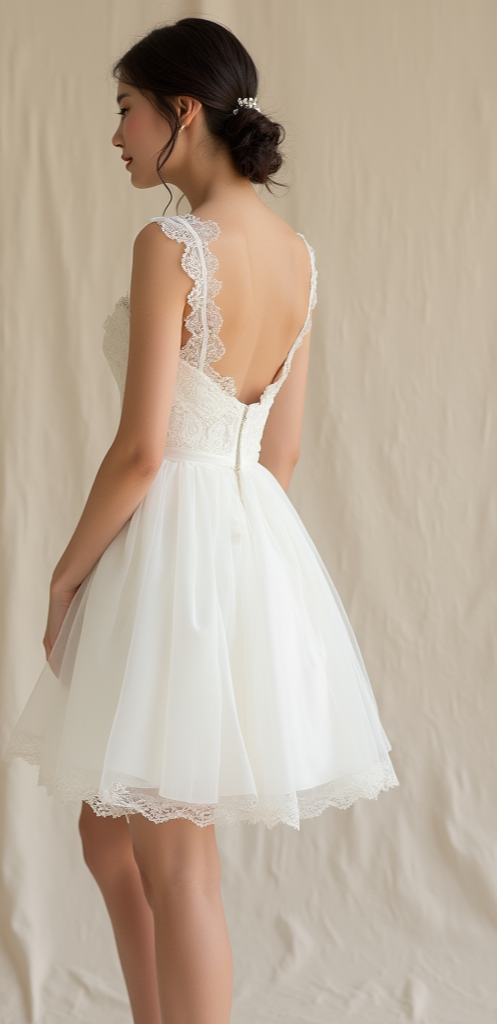Romantic Lace and Tulle Mini Wedding Dress with Open Back and Scalloped Straps