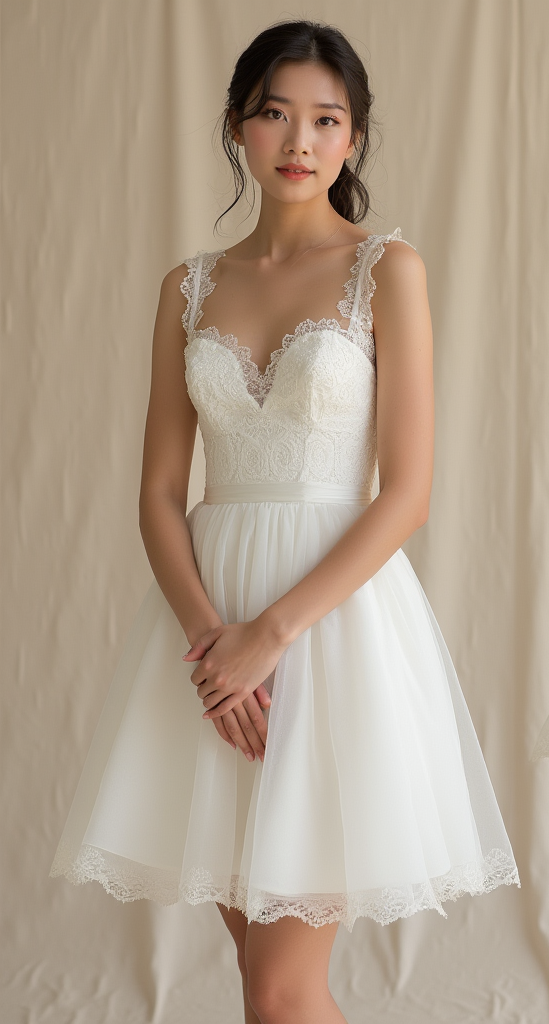 Romantic Lace and Tulle Mini Wedding Dress with Open Back and Scalloped Straps
