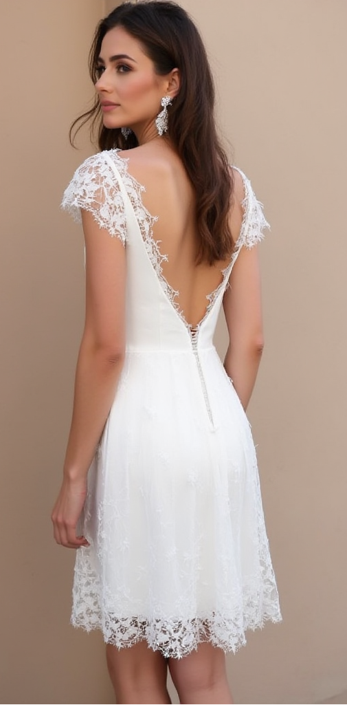 Chic Short Wedding Dress with Lace Cap Sleeves and Deep V-Back
