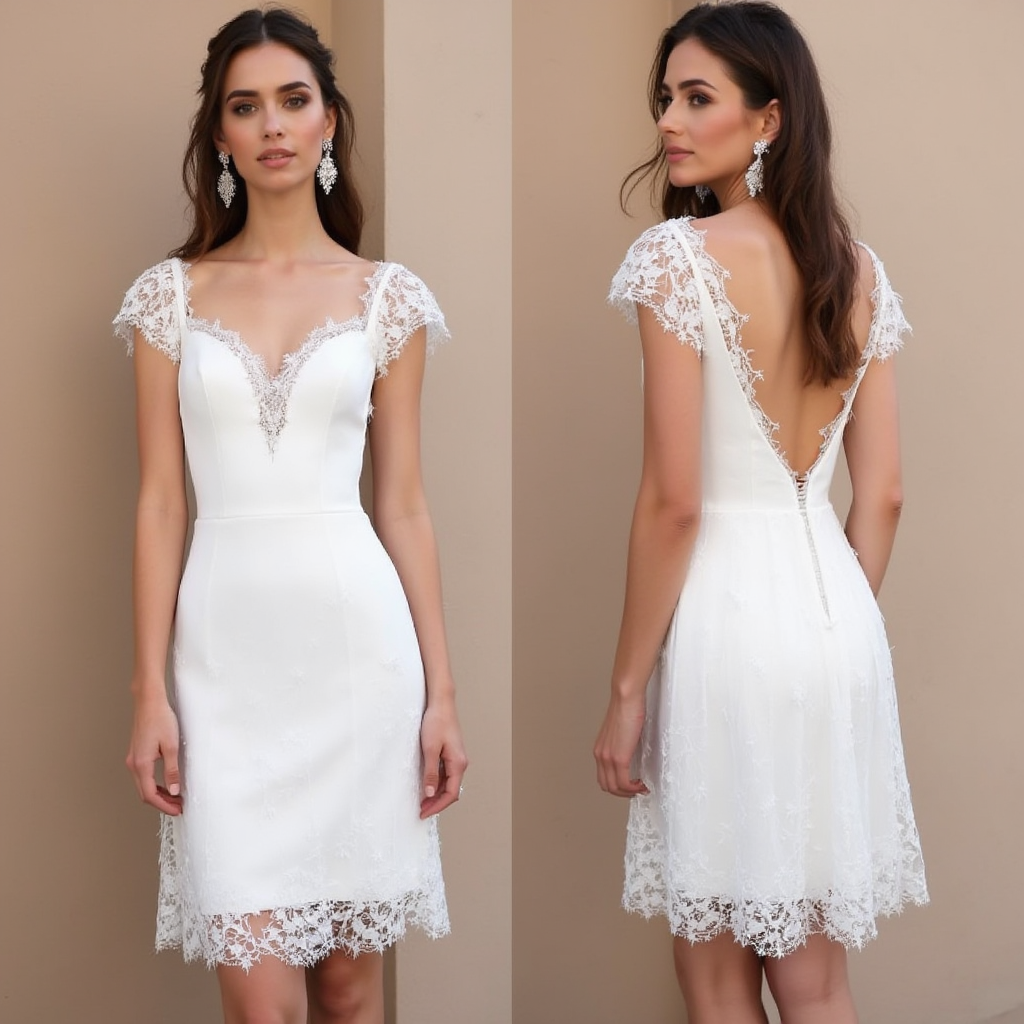 Chic Short Wedding Dress with Lace Cap Sleeves and Deep V-Back