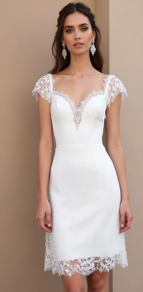 Chic Short Wedding Dress with Lace Cap Sleeves and Deep V-Back