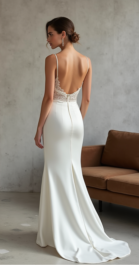 Sleek Satin Mermaid Wedding Dress with Lace Bodice and Open Back