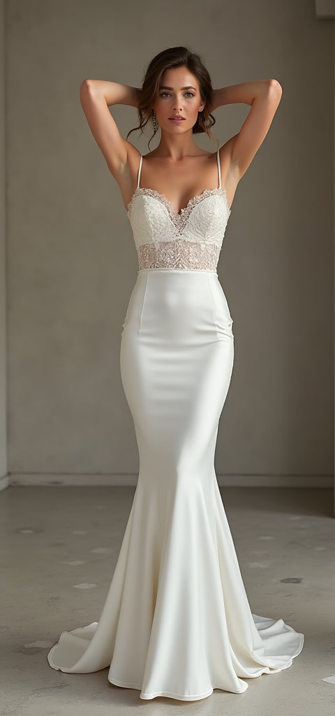 Sleek Satin Mermaid Wedding Dress with Lace Bodice and Open Back