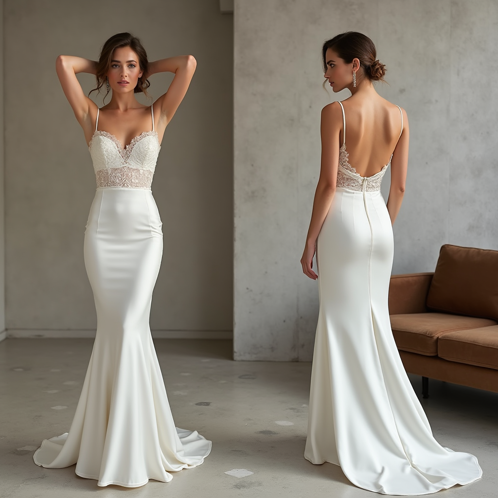 Sleek Satin Mermaid Wedding Dress with Lace Bodice and Open Back