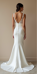 Modern Satin Mermaid Wedding Dress with Lace Bodice and Deep V-Back