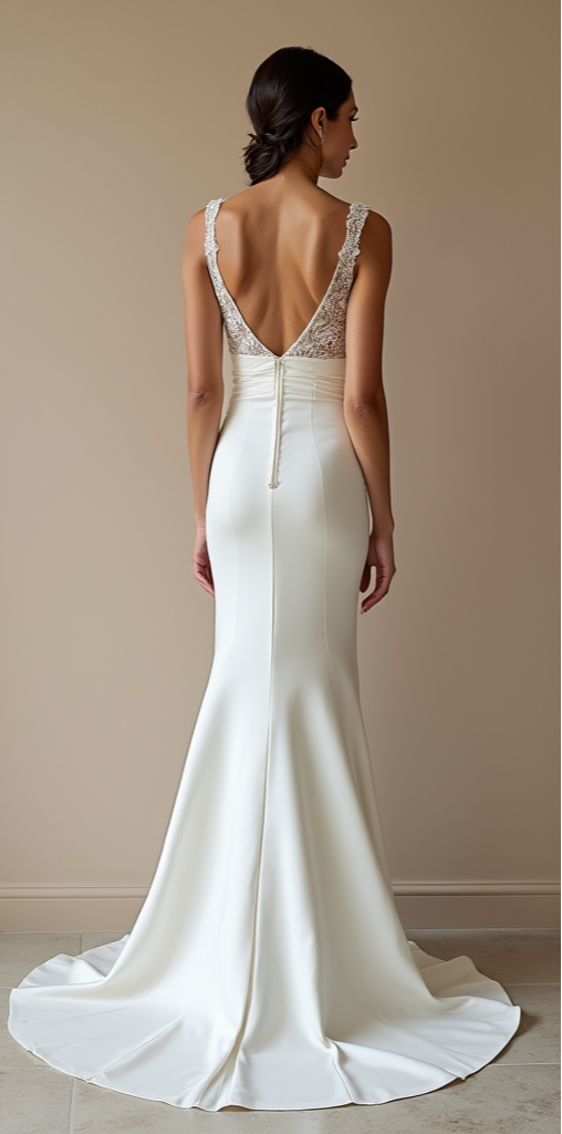 Modern Satin Mermaid Wedding Dress with Lace Bodice and Deep V-Back