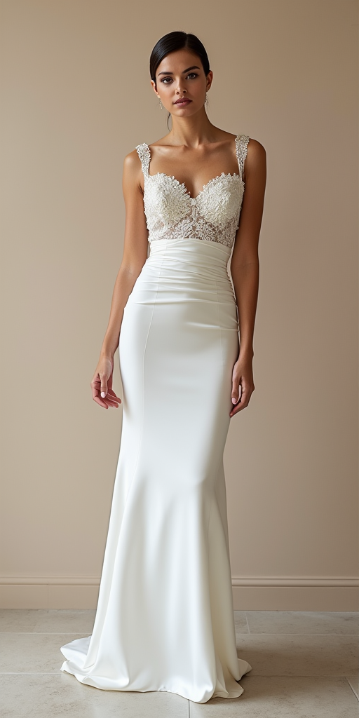 Modern Satin Mermaid Wedding Dress with Lace Bodice and Deep V-Back