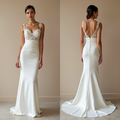 Modern Satin Mermaid Wedding Dress with Lace Bodice and Deep V-Back