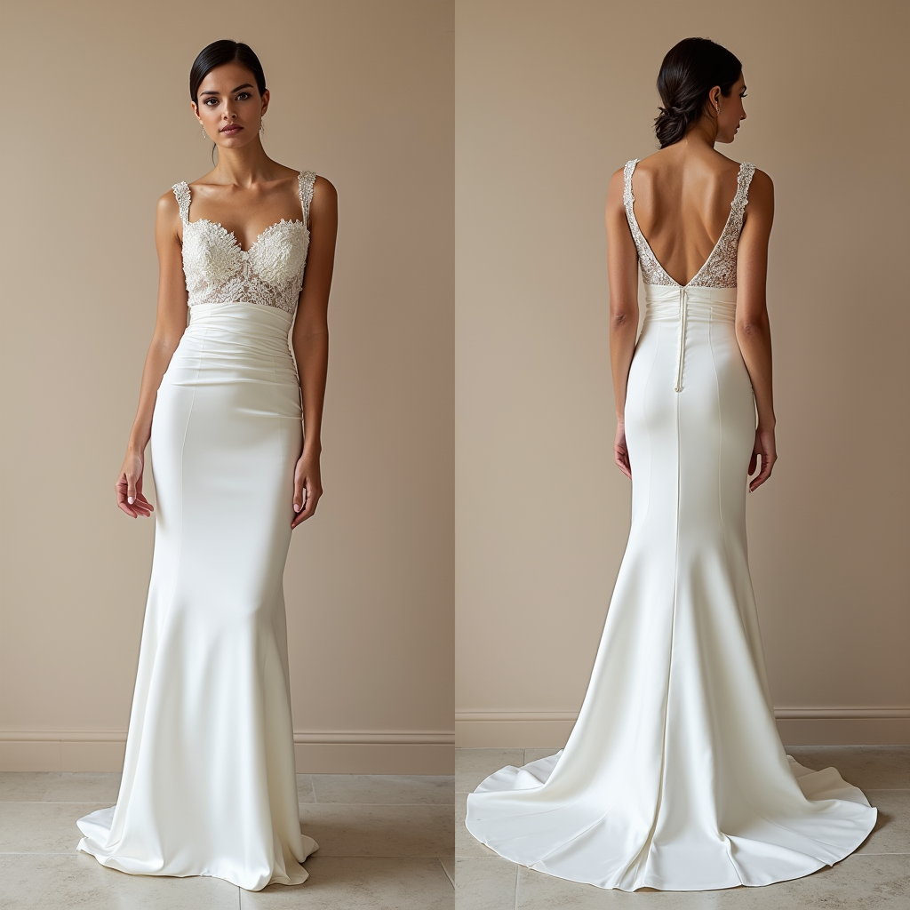 Modern Satin Mermaid Wedding Dress with Lace Bodice and Deep V-Back