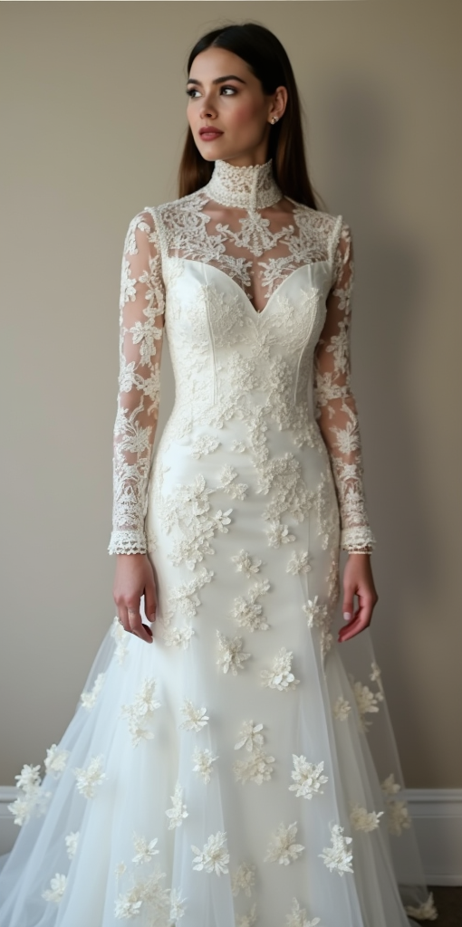 Elegant High-Neck Lace Wedding Dress with Sheer Illusion Back and Floral Appliqués