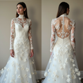 Elegant High-Neck Lace Wedding Dress with Sheer Illusion Back and Floral Appliqués