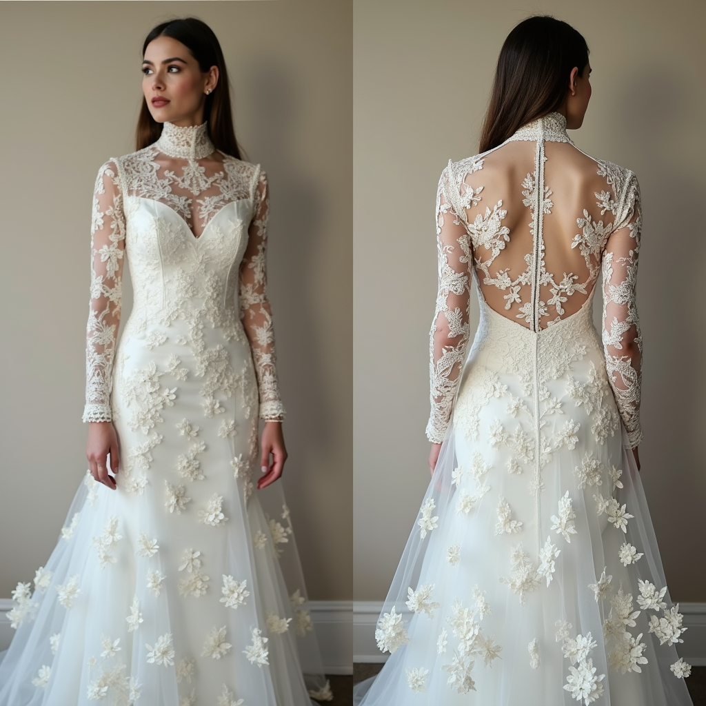 Elegant High-Neck Lace Wedding Dress with Sheer Illusion Back and Floral Appliqués