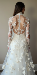 Elegant High-Neck Lace Wedding Dress with Sheer Illusion Back and Floral Appliqués
