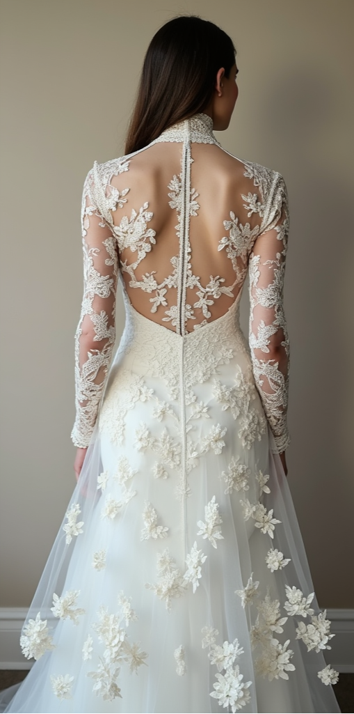 Elegant High-Neck Lace Wedding Dress with Sheer Illusion Back and Floral Appliqués