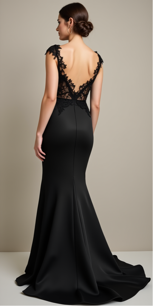 Sophisticated Black Mermaid Wedding Dress with Lace Bodice and Deep V-Back