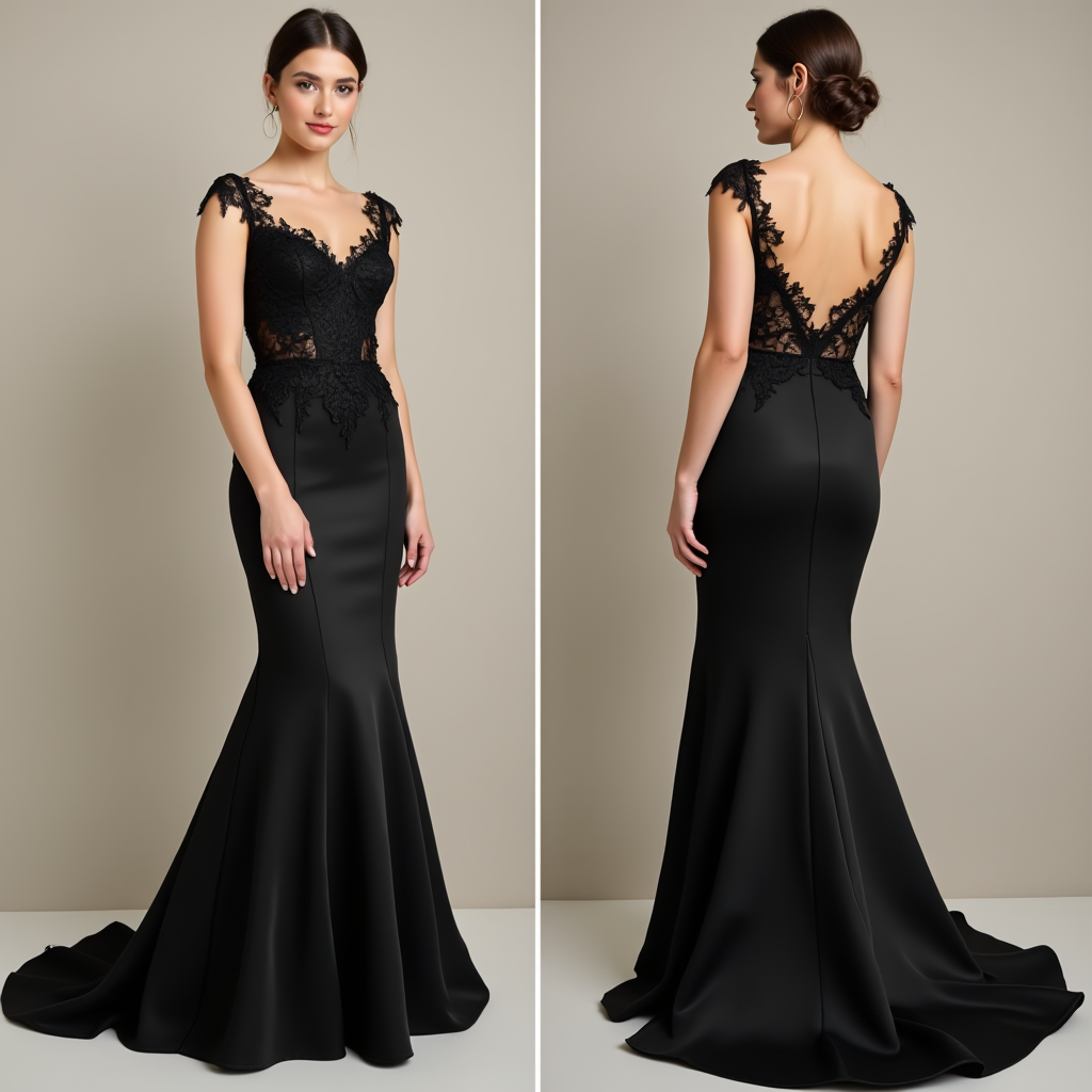 Sophisticated Black Mermaid Wedding Dress with Lace Bodice and Deep V-Back